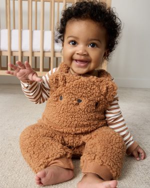 Chestnut Brown Sherpa Baby Overall Romper