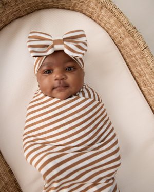 Chestnut Brown Stripe Swaddle & Luxe Bow Headband Set
