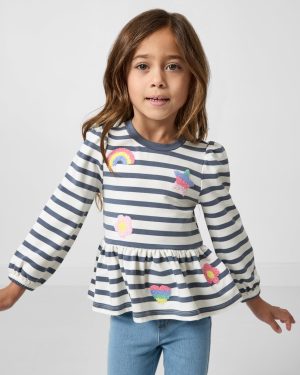 Hazy Blue Stripe Puff Sleeve Peplum Top