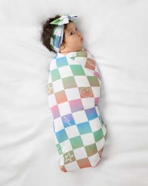 Ombre Cheery Checks Swaddle & Luxe Bow Headband Set